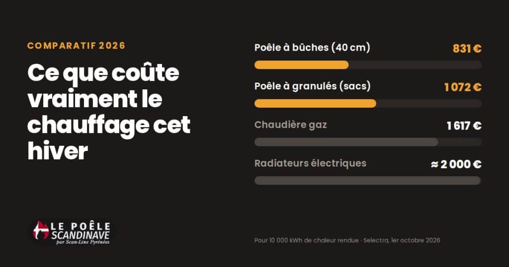 Chauffage 2026 : ce que coûte vraiment chaque énergie cet hiver 2 Comparatif du coût de 10 000 kWh de chaleur au 1er octobre 2026 : poêle à bûches 831 €, poêle à granulés 1 072 €, gaz 1 617 €, électrique environ 2 000 €